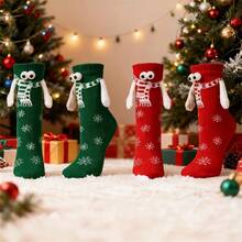 2 Pairs Of 3D Eyes Cartoon Christmas Socks With Magnetic Design- Cute Hand In Hand Mid-Calf Socks, Playful Holiday Socks, Hand Wash Care, Soft Fabric Socks, Novelty Christmas Wear, Christmas Enthusiasts, Gift Shoppers - Multicolor - View 5