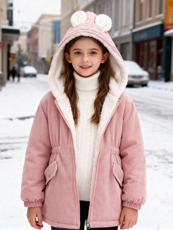 Tween Girl Casual Fluffy Rabbit Ear Hoodie Jacket, Autumn Winter