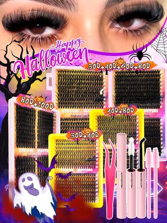 320Pcs/800Pcs Halloween-Themed DIY False Eyelash Extension Kit - Includes Eyelashes,Lash Glue, Tweezers And 2 Brushes - Choose Between Individual Segmented Lashes Or Pre-Paired Sets (Left/Right Eyes) - Dramatic Volume, Natural Look, Extra Thick, Wispy, Ultra Soft & Super Lightweight - Reusable For Home Use, Halloween Parties, Cosplay & Daily Wear - Perfect For Creating Spooky Or Everyday Lash Looks!‌