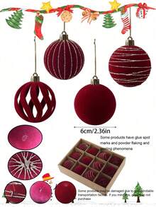12 quả bóng trang trí Giáng sinh bằng nhung lấp lánh, đồ trang trí cây thông Noel bằng nhung, đồ trang trí bóng Giáng sinh chống vỡ, bộ bóng Giáng sinh màu đỏ tía dùng cho trang trí tiệc cưới Giáng sinh ngày lễ, đồ trang trí treo Giáng sinh, đồ trang trí Giáng sinh cho gia đình, năm mới, quà tặng Giáng sinh - Đỏ - Xem 6
