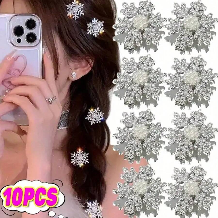 10pcs Metal Snowflake Hair Clips For Women - Elegant Winter Hair Accessories With Intricate Design, Perfect For Parties & Cold Weather, Secure Hold Hairpins For Updos, Braids, And Winter Hairstyles, Winter Hair Accessories, Braid Embellishments, Holiday Hair Decor, Sophisticated Style, Sparkling Details, Durable Hairpins - Multicolor - View 1