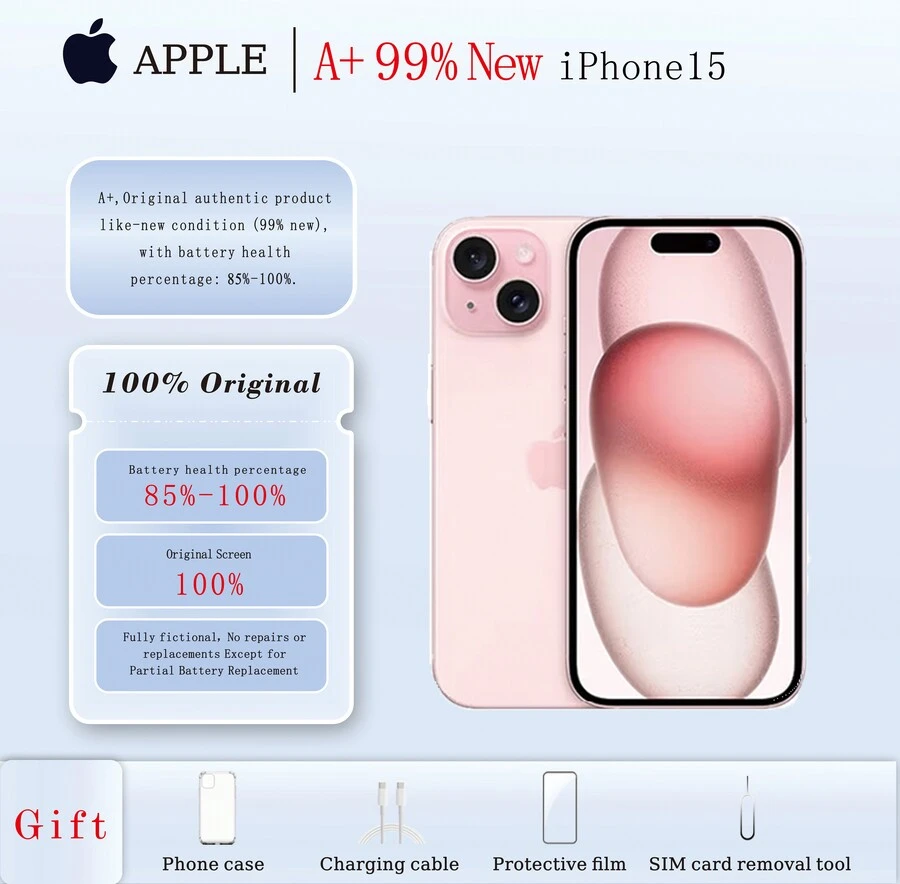 A+، هاتف Apple iPhone 15 مستعمل بسعة 256 جيجابايت، منتج أصلي أصلي بحالة جديدة (99% جديد)؛ هاتف محمول، هاتف، جوالات، ايفون، ايفون، هاتف، هدية غطاء غشاء