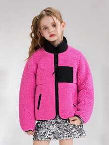 Girls' Warm Fleece Jacket, Princess Style, Pink, Long Sleeve With Pockets - Hot Pink - View 2