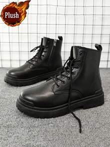 Men's High Top Boots, Autumn/Winter, All-Match Black Leather Casual Shoes, Wear-Resistant Low-Cut Cargo Shoes, New Fashionable Casual Shoes Go With Dress, Lace-Up Metal Eyelets - Black - View 8