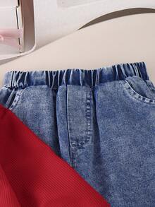 2 件套少女甜美简约 3D 蝴蝶结装饰长袖上衣和口袋牛仔裤套装，春秋 - 酒紅色 - 查看 5