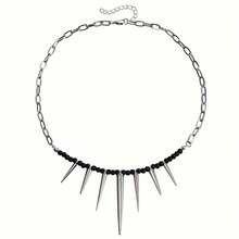 Vintage Hip Hop Spike Pendant Necklace - Fashion Alloy Gothic Rivet Beaded Chain, Bohemian Style Clavicle Choker For Party - 黑色 - 查看 8