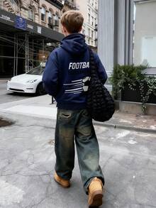 1件青少年男童休闲印花套头卫衣，保暖内衬，长袖，秋冬季 - 藏蓝色 - 查看 2