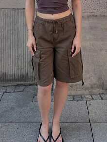 Baggy Cargo Pants For Women High Waist Wide Leg Baggy Shorts Y2K Casual Athletic Lightweight Hiking Capri Shorts With Pockets - màu nâu - Xem 3