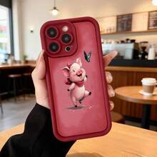 Phone Case With Black Edge And Red Back With Animated Pig And Butterfly Design For Daily Use In Cafes Suitable For Apple Series Phones - White - View 5