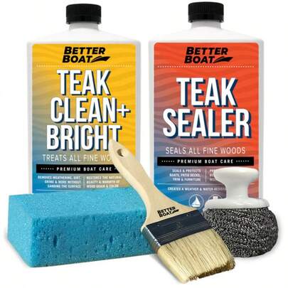 Teak Cleaner And Sealer Kit, Includes Brightener, For Wood Restoration, Outdoor Furniture, Boats, Indoor Furniture, Shower Stools, Cleans, Restores, Seals Stains