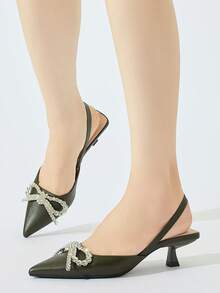 Giày cao gót hở mũi đính nơ đính đá cho nữ, kiểu dáng kitten heel thanh lịch và thoải mái, thích hợp cho các bữa tiệc trang trọng, đám cưới, dạ tiệc mùa thu/đông, màu xanh ô liu, trang phục dự tiệc - xanh quân đội - Xem 5
