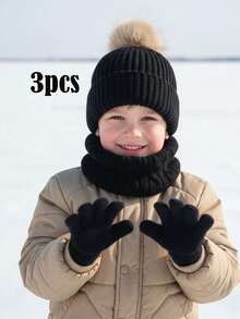3pcs/Set Kids Knit Hat + Gloves + Scarf Set, Unisex Korean Style Warm Winter Accessory Set - 3 Pcs - View 17