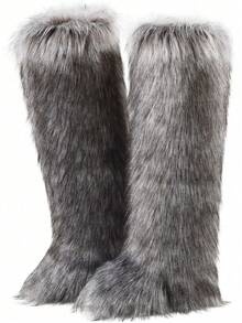 Women's Winter Furry Snow Boots Fuzzy Fluffy Round Toe Suede Booties Flat Heel Slip On Outdoor Indoor Shoes Fashion Warm Fluffy Shoes - 過膝灰色 - 查看 8