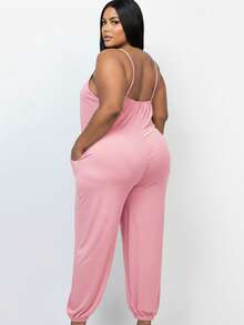 Elegant Plus Size Spaghetti Strap Jumpsuit Long With Pockets Casual Boho Knitted Cami Style High Stretch - Polignac - View 3