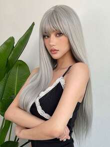 合成灰色直发假发，适合26英寸长发，带刘海，耐热纤维材质，完美适用于角色扮演、派对、节日、新年等场合，是送给女孩的理想礼物。 - 灰色 - 查看 4
