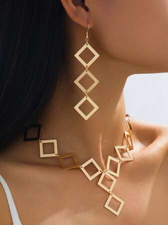 Minimalistiskt geometriskt ihåligt kubhängehalsband och långa örhängen för kvinnor, lämpligt för högtider och presenter