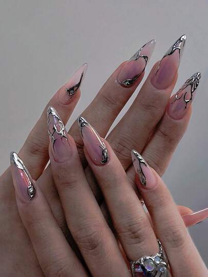 24 piezas de calcomanías de uñas plateadas cromadas, calcomanías de arte de uñas acrílicas puntiagudas con estilo metálico punk 3D, adecuadas para salones de uñas, niñas y mujeres, uso diario y decoración de fiestas festivas