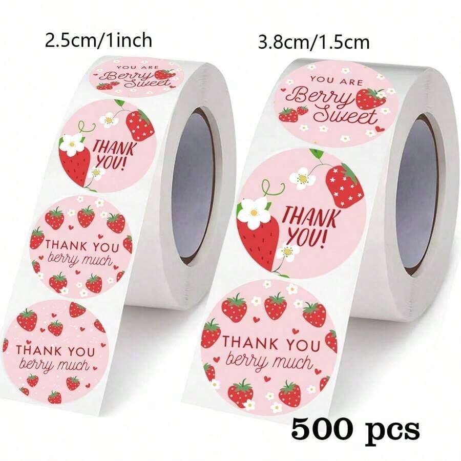 500pcs/Roll, 1 Inch/1.5 Inch Cute Strawberry Thank You Stickers, Non-Adhesive Labels, Sealing Stickers For Summer Birthday Party Decoration,School Supplies,Back To School - Multicolor - View 1