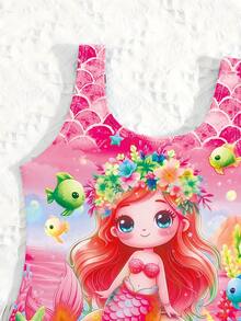 Young Girl' Cartoon Mermaid Print Strap One-Piece Swimsuit - Hot Pink - View 3
