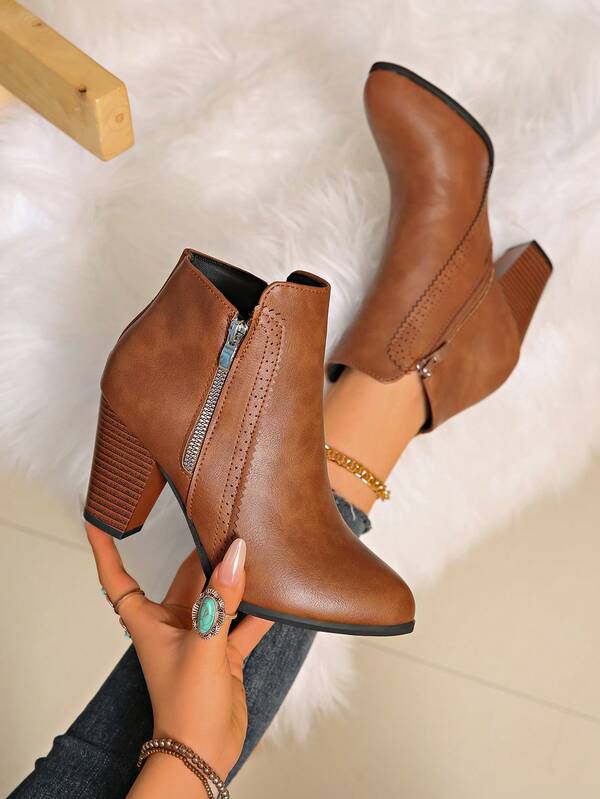 Damen Winter Leder Ankle Boots mit hohem Absatz, Western Stil Seitlicher Reißverschluss, Urlaubsholzmaserung Plateauabsatz, elegante braune/schwarze Stiefel