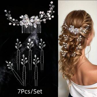 7件套新娘发饰套装，包含水晶珍珠发梳和发夹，适合婚礼、舞会和优雅盘发造型。