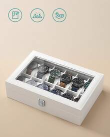 Caja de Relojes con 12 Compartimentos, Estuche de Relojes con Tapa de Cristal, Cojín Extraíble, Cierre Metálico, Regalo, Cuero Sintético Blanco y Forro Blanco - Blanco - Ver 3
