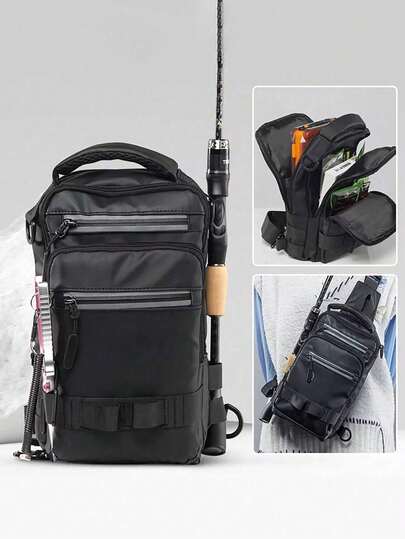 Outdoor Small Fishing Tackle Storage Chest Bag, Men's Crossbody Bag, Spacious, Organized, And Portable Chest Pack With Multiple Compartments, Adjustable Shoulder Strap, Zip Closure, And Stylish Black Design