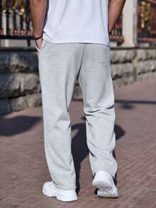 Men's Loose Straight Leg Sweatpants, Gray, With Drawstring Detail, Casual Wear