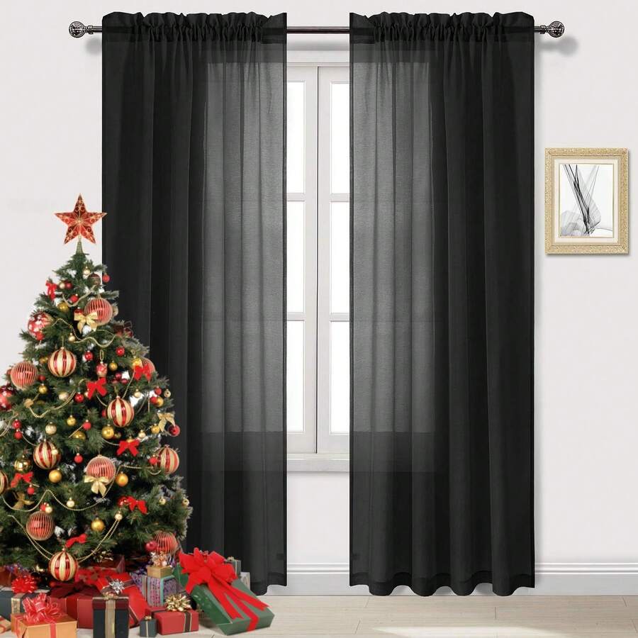 DWCN 2PCS Sheer Curtains Semi Transparent Voile Rod Pocket Curtains For Bedroom And Living Room, Party, Christmas Decoration - màu đen - Xem 1