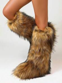 Women's Winter Furry Snow Boots For Women Fuzzy Fluffy Round Toe Suede Booties Flat Heel Slip On Outdoor Indoor Shoes EdgyElongate Fashion Warm Fluffy Christmas Shoes - 棕色長款 - 查看 3