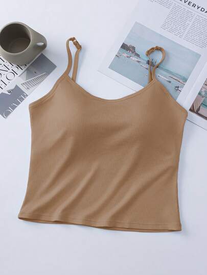 1pc Women's Solid Color Ribbed Camisole With Padded Bust, Casual Cropped Tank Top