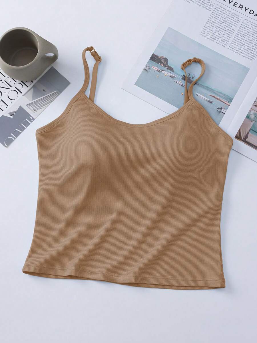 1pc Women's Solid Color Ribbed Camisole With Padded Bust, Casual Cropped Tank Top