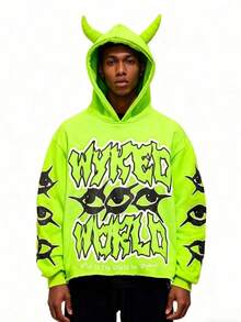 Harajuku Y2K Hoodie Casual Devil Horn Sweatshirt Streetwear Devil Corner Hoodie Unisex Loose-Fitting Street Style Pullover - Màu xanh chanh - Xem 3