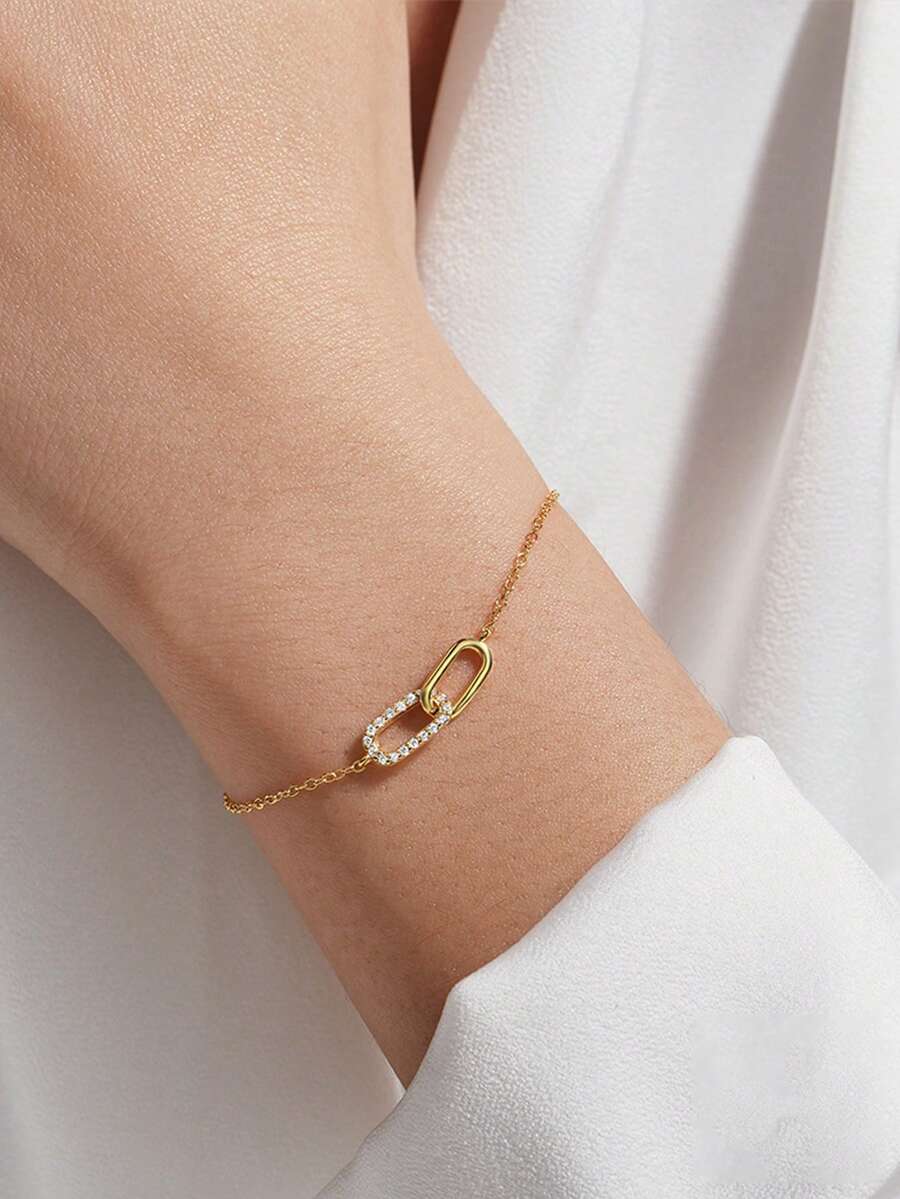 1条925纯银经典双扣立方氧化锆手链，女士日常、派对、生日佩戴 - 金色 - 查看 1