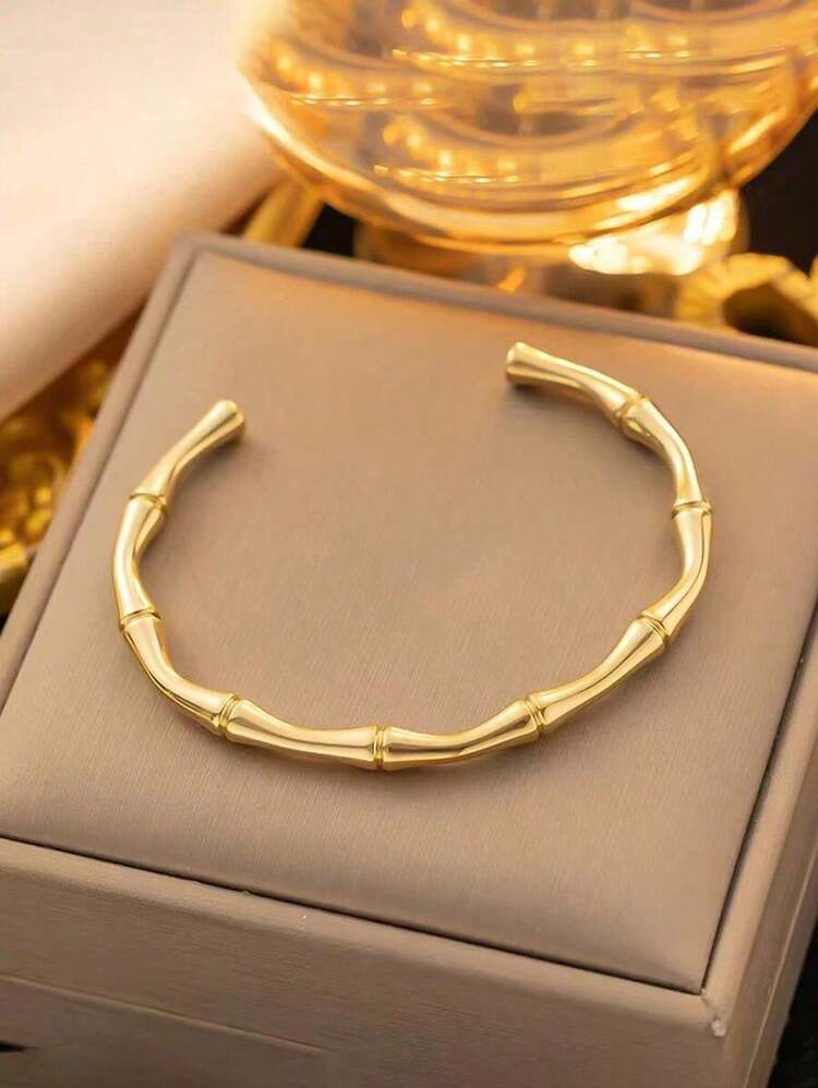 1pc Vintage Stainless Steel Bamboo Shaped Open Bracelet - 黃金 - 查看 2