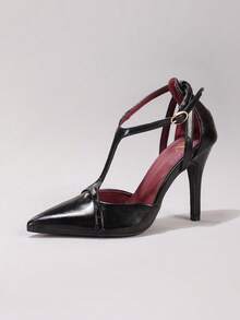 女士时尚黑色高跟鞋，性感尖头，优雅镂空细高跟，适合派对、宴会等场合，红底高跟鞋 - 黑色 - 查看 16