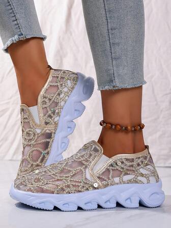 Zapatillas deportivas de mujer con malla brillante de cristal, transpirables y cómodas para correr, vacaciones