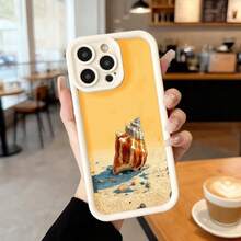Cubierta de telefono con borde negro y parte trasera amarilla con estampado de concha marina en playa dorada para uso diario en cafeterias y espacios interiores Aplicable a los teléfonos de la serie Apple y Galaxy - Blanco - Ver 2