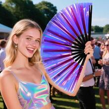 Folding Hand Fan For Men/Womenwith Velvet Bag Large Rave Festival- ColorfulGlow Clack Fan For Electronic Dance Music Party Performance Decorations Purple - 紫色 - 查看 6