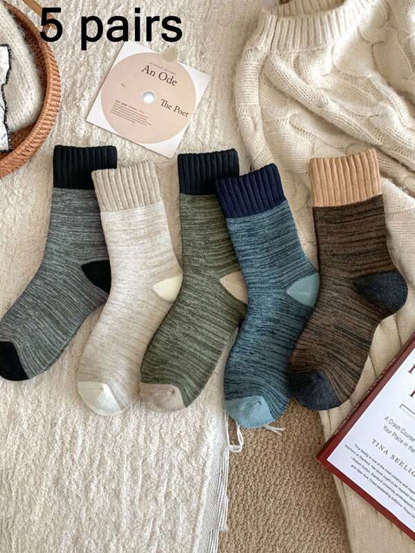 5 paires de chaussettes mi-mollet épaisses de couleur unie et rayées pour hommes, chaudes, confortables, douces - conviennent pour le port quotidien en automne/hiver, les sports, la maison, le sommeil
