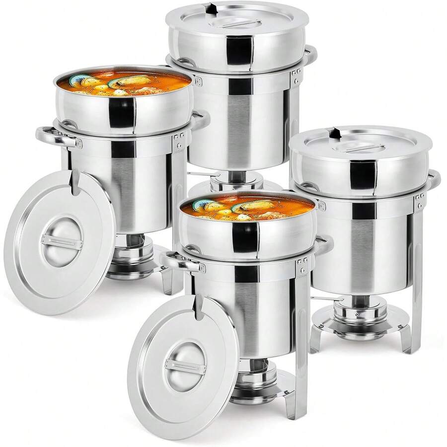 Stockpot 2-Piece Set, Stainless Steel Round Stockpot With Pot, Grooved Lid And Fuel Rack, Commercial Food Warmer For Buffets, Events And Party Serving - 11QT-4 Pcs - View 1
