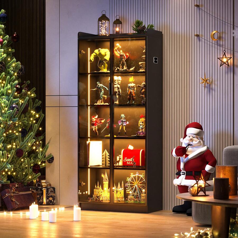 Display Cabinet With Adjustable Shelves, 65" Tall Bookcase With LED Lights/Human Sensor, 5 Tier Display Case For Collectibles Bedroom Living Room Office, Black - Transparent Acrylic Doors - Xem 1