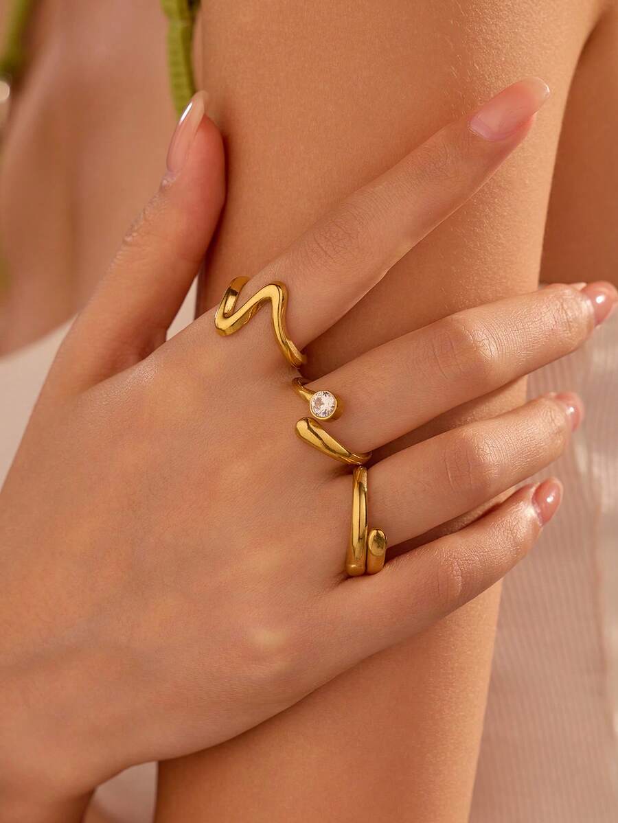 3pcs Stainless Steel Asymmetrical Open Ring Set With White Rhinestone, Fashionable & Minimalist Design, Suitable For Women Wear Or Gift - Yellow Gold - View 1