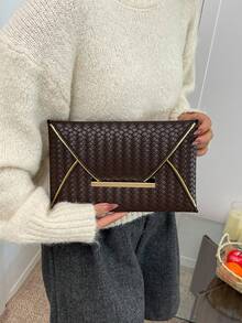 1个PU皮革纯色编织纹理女士日常信封式手拿包，简约优雅，节日礼物 - 咖啡 - 查看 2