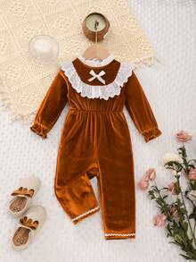 女婴碎花领长袖连体衣，婴幼儿休闲连体衣，秋冬季 - 棕色 - 查看 2