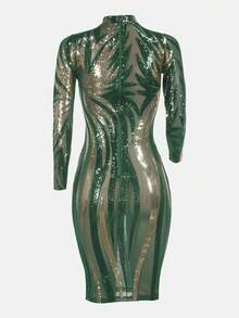 Green Fall Dresses For WomenShort Halter Greenless FringeKnitted Cocktail Dress ForWomen With Sparkly GemEmbellishments And HighStretch Pencil Hem,Halloween Costumeschristmas Outfit Women,Elegant Dresses For Party ,Elegant, Chic, Formal,Uxury - Green - View 2