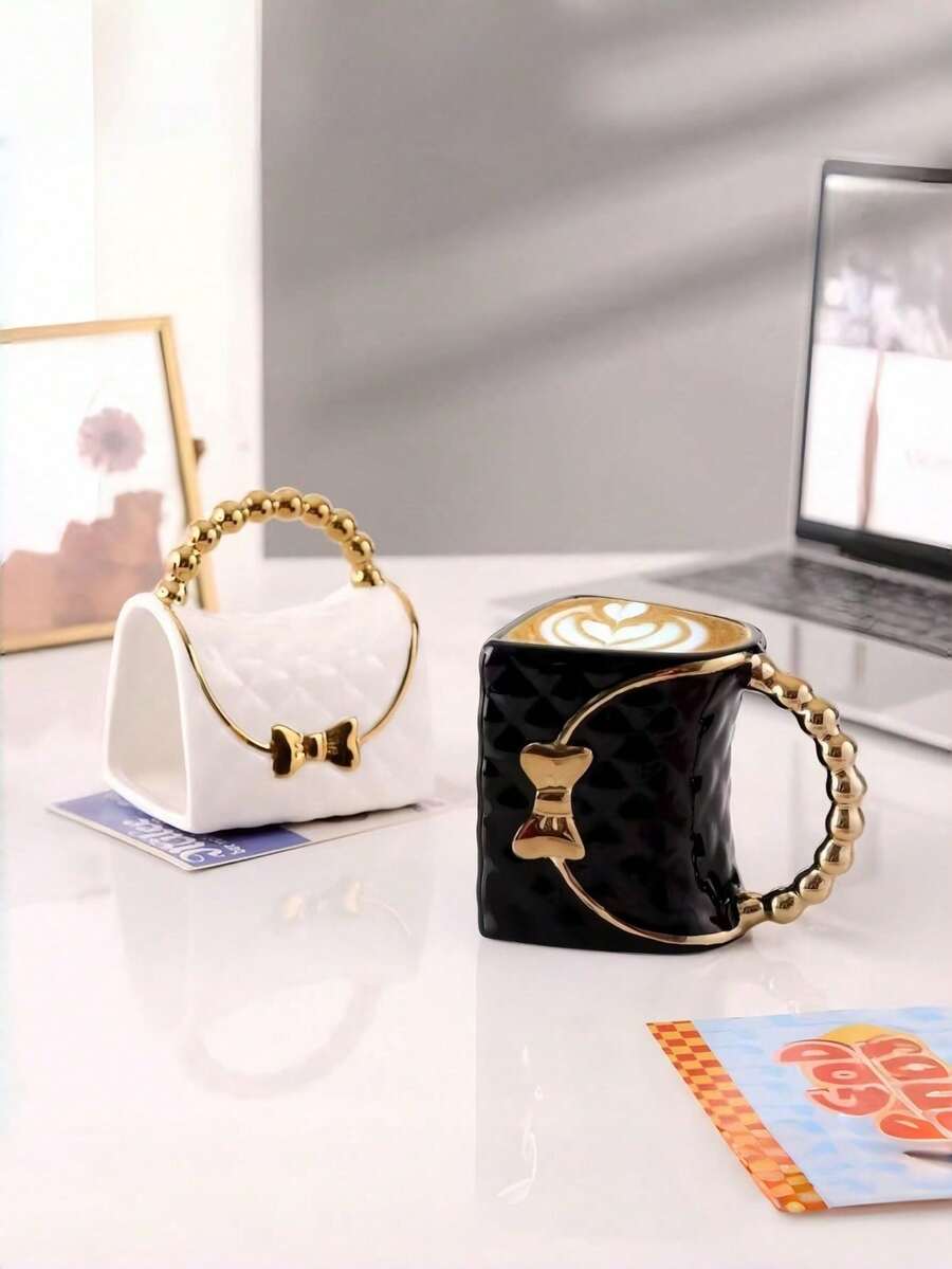 1pc Ceramic Handbag Shaped Mug With Bow Design, Fan-Shaped Handle, Creative Light Luxury Bag Shaped Ceramic Cup, Personalized Coffee Cup Plate Set, Home Water Cup, Girl's Gift, Home Decoration, New Year's Gift, Valentine's Day Gift - 彩色 - 查看 1