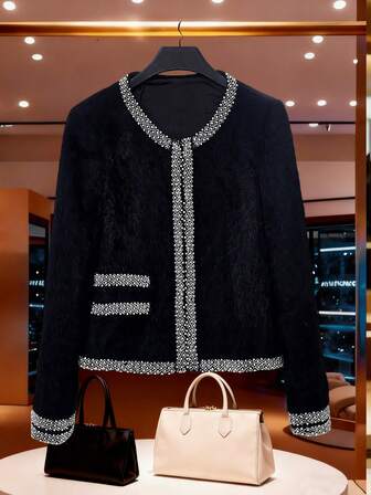 Fashionable Women's Casual Black Fluffy Jacket, Round Neck Minimalist Cardigan Coat, Elegant Lady Style Suitable For Spring/Autumn/Winter, Embellished With Beads And Rhinestones, Versatile For Casual, Business, Formal, And Luxury Occasions
