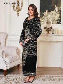 奢华皇家风黑色金亮片刺绣正式礼服，优雅雪纺蝙蝠袖晚礼服，适合派对、婚礼、家庭聚会等场合。 - 金色 - 查看 3