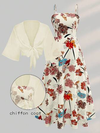 Conjunto de vestido y chaqueta de mujer elegante con estampado floral de gasa, conjunto romántico para citas, vacaciones